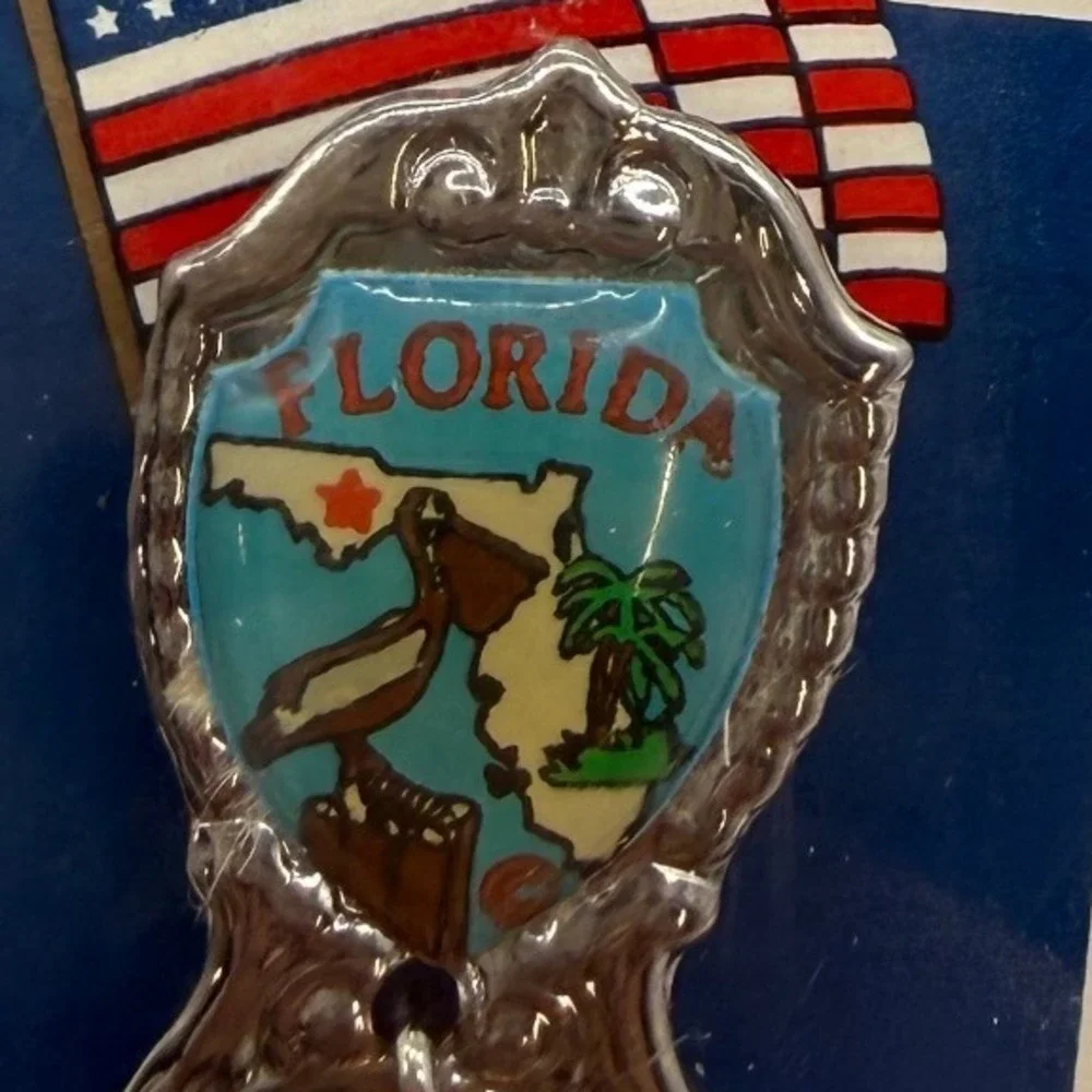 Fort Florida State Souvenir Spoon Silver Tone Enameled Crest‎ Dangle Palm USA